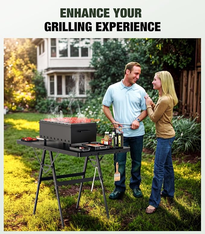 Raynesys Portable Folding Grill Table for Ourdoor, Camping, Picnic, BBQ | Foldable Grill Table with Mesh Desktop, 200lbs 4Ft Height Adjustable Metal Table, 47.24" L x 23.62" W