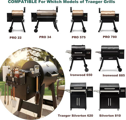 Magnetic Grill Storage Bin for Traeger Ironwood & Pro, Double-Fix Smoker Organizer with Large Paper Towel Rack, Probe Box & Hooks, Black, Heavy Duty BBQ Accessories for Pit Boss