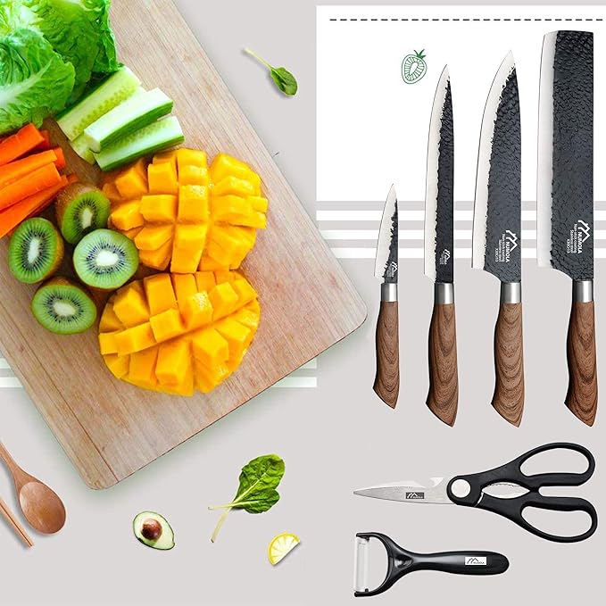Numola 6 Pieces Black Professional Chef Knife Set, BBQ Meat Knives for Cooking, Forged Kitchen Knife with High Carbon Stainless Steel Cutlery Ergonomic Design Handle with Box for Couples Gift