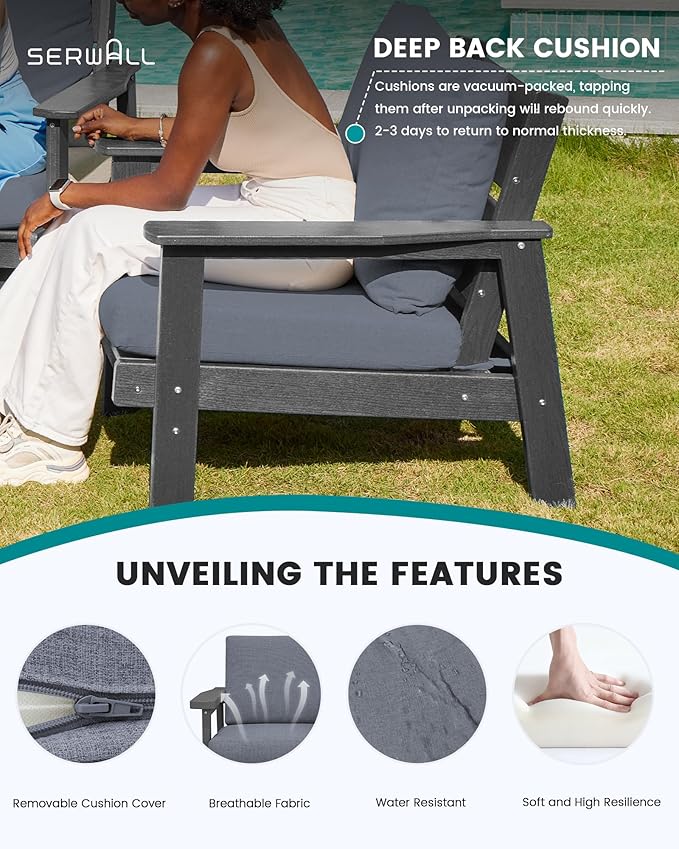 SERWALL HDPE Outdoor Patio Loveseat, All Weather Wood-Like Outdoor Sofa HDPE Outdoor Furniture, Grey Frame and Grey Cushion