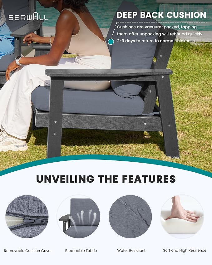 SERWALL Patio Furniture Set with 33” Fire Pit Table, HDPE Outdoor Sectional Sofa Set with Thickened Cushions, Grey Frame with Grey Cushions