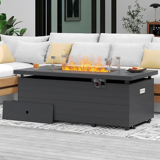 Sundale Outdoor 51 Inch Outdoor Fire Pit Table, 50,000BTU Rectangle Propane Fire Pit with Sliding Tank Holder, Glass Wind Guard, Removable Lid, CSA Certified, Gray