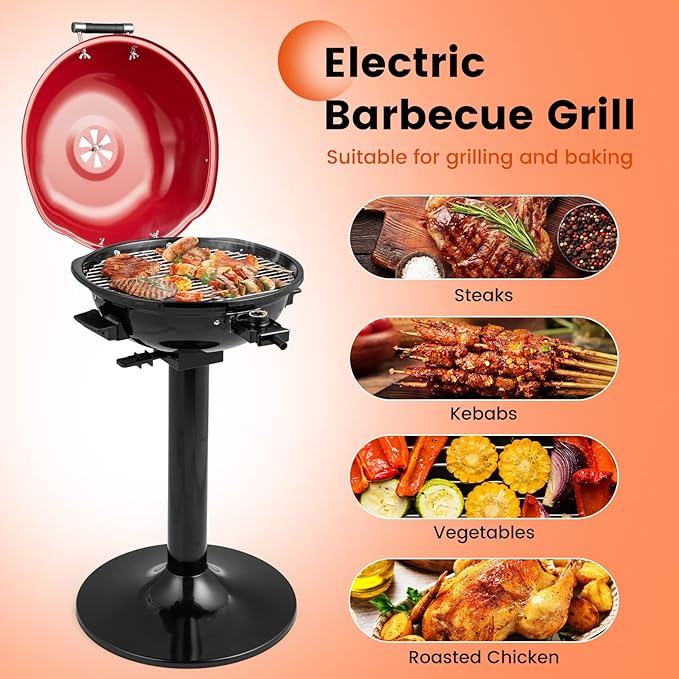 COSTWAY Electric BBQ Grill, Portable Grill with Metal Cooking Grilling Rack, Detachable Temperature Control & Removable Grease Collector, Outdoor Freestanding Grill for Camping &Tailgating (Red)