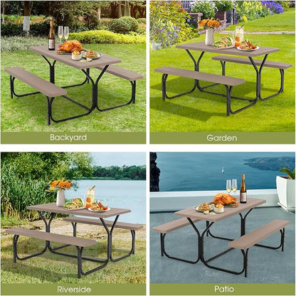 GYMAX Picnic Table, Picnic Bench Easy to Assemble w/All Weather Wood Grain Tabletop & Metal Frame, Picnic Tables for Outdoors Camping Backyard Deck Patio Poolside Dining Party