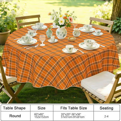 Smiry Picnic Table Cloth, Vinyl Tablecloths with Flannel Backing, 60" Round | Waterproof Picnic Table Cloth, Wipeable Vintage Plaid Table Cover for Indoor and Outdoor (Brown & Orange)