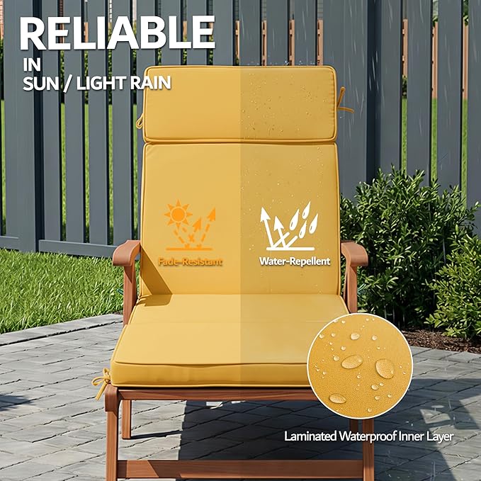 72 x 21 Inch Outdoor Chaise Lounge Cushions Set of 2 - Removable Cover, 4-Section Design, Water-Repellent & Fade-Resistant, 6 Tie Straps, Replacement for Patio & Pool Chairs - Yellow