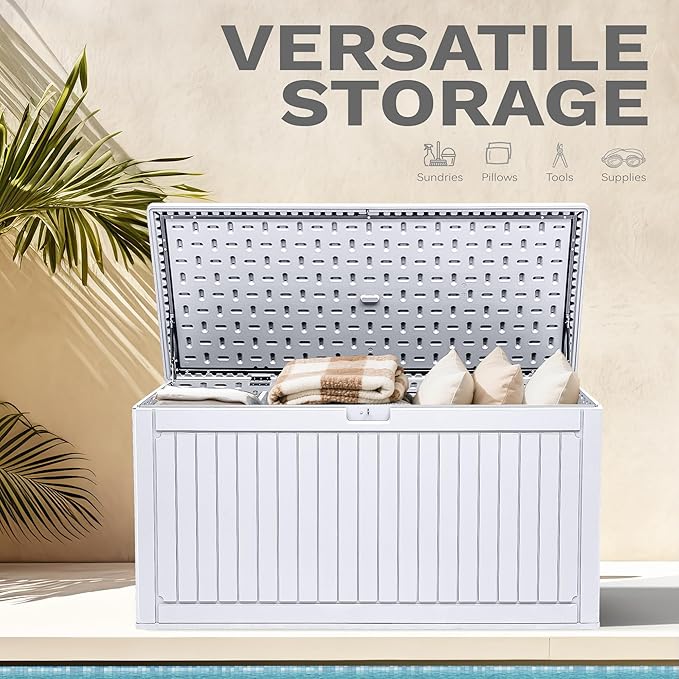 DWVO 320 Gallon Double-Wall Deck Box with Divider, XXL Extra Large Resin Outdoor Storage Box, Lockable & Waterproof, Double as Seating, 1000lbs Capacity (Grayish-White)