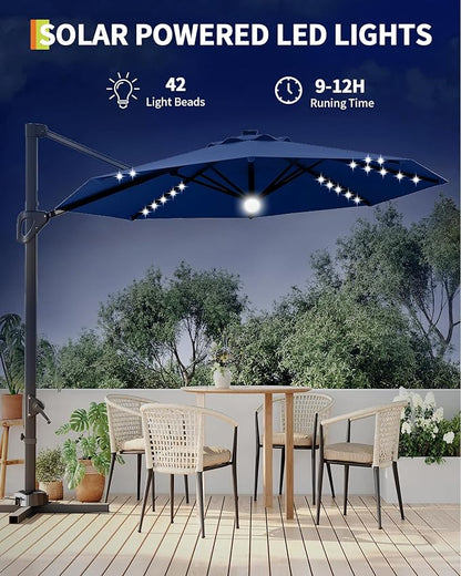 GarveeLife 10FT Patio Umbrella Outdoor Solar LED Large Cantilever Umbrella Market Sun Shade Windproof Offset Umbrella with 360-Degree Rotation for Garden Deck Pool Patio