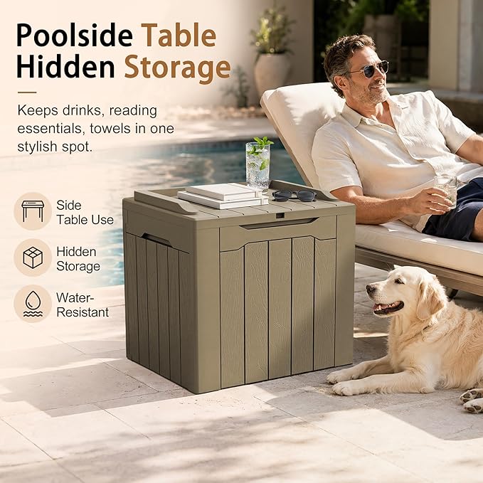 JUMMICO 31 Gallon Resin Deck Box Waterproof Indoor Outdoor Storage Boxes for Patio Furniture Cushions and Garden Tools (Light Brown)