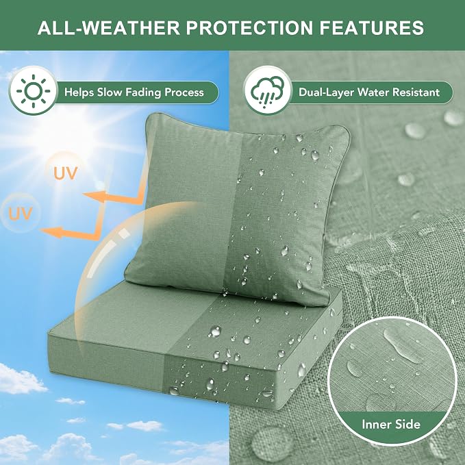 Summsun Outdoor Cushions for Patio Furniture, Faux Linen Water Resistant Backrest and Deep Seat Cushion Set with Removable Cover, Straps, Non-Slip Bottom, 24 x 24 Inch, Sage Green, Set of s