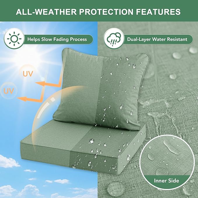 Summsun Outdoor Cushions for Patio Furniture, Faux Linen Water Resistant Backrest and Seat Cushion Set with Removable Cover, Ties, Non-Slip Bottom, 19 x 19 Inch, Sage Green, Set of 2