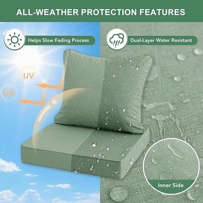 Summsun Outdoor Cushions for Patio Furniture, Faux Linen Water Resistant Backrest and Seat Cushion Set with Removable Cover, Ties, Non-Slip Bottom, 19 x 19 Inch, Sage Green, Set of 2