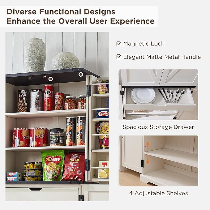 ACCOHOHO 72" Tall Kitchen Pantry, Farmhouse Storage Cabinet with Barn Doors, Organizer, Drawer and Adjustable Shelves, Rustic Wood Cupboard for Kitchen, Dining Room, Bathroom, Off White | Barn Doors