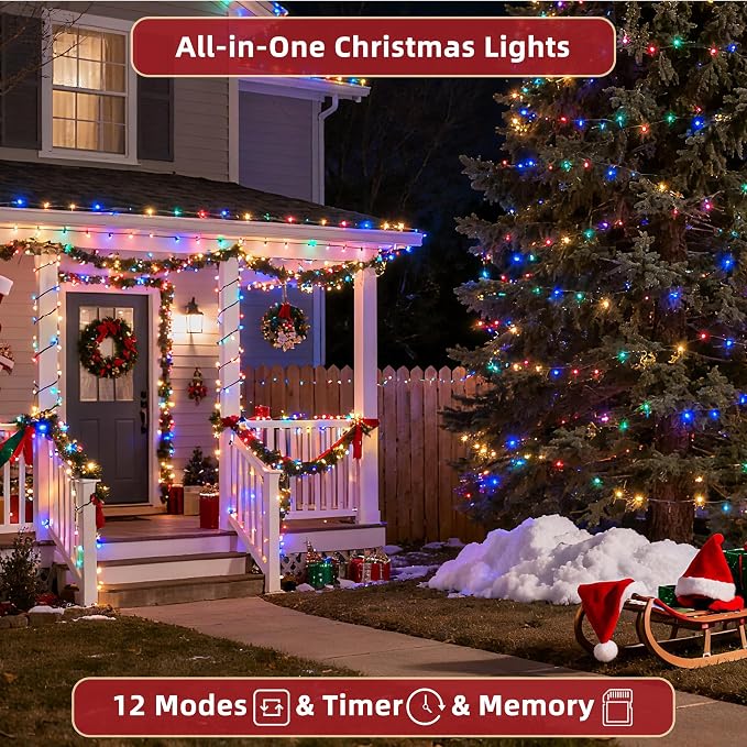300 LED Outdoor Christmas Lights 75ft, 12 Lighting Modes Indoor String Lights Dimmable & Timer Memory, Outsite Waterproof Tree Lights for Xmas Garden Wedding Party Holiday Decorations Multicolor
