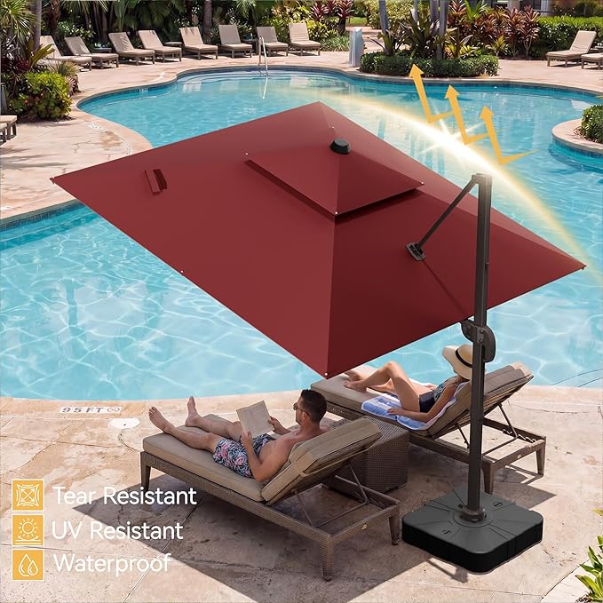 10x10 FT Patio Umbrella, Large Cantilever Double Top Heavy Duty Offset Umbrellas with 360° Rotation, Outdoor shade for Garden Deck Pool, Red