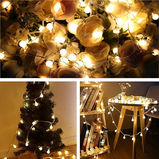 RaThun 49.2ft Globe String Lights with 16ft Extended Lead & Stable Remote - 100 LED Warm White, 8 Distinct Modes, IP44 Waterproof, UL Certified, Linkable for Indoor Outdoor Wedding Party Decor