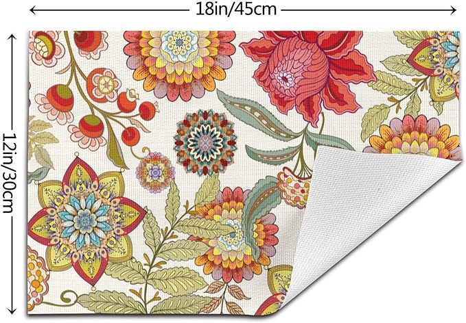 Boho Floral Placemats Set of 4, Colorful Decorative Place Mats | Flower Table Mats for Kitchen Dining Table, Washable Linen Placemat 12"x18", Housewarming Gifts for New Home