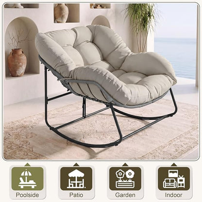 Bifanuo Oversized Egg Rocking Chair for Indoor Outdoor – All-Weather Wicker Rattan Lounge Chair with Cushion Patio Rocker for Porch Garden or Balcony (Beige)