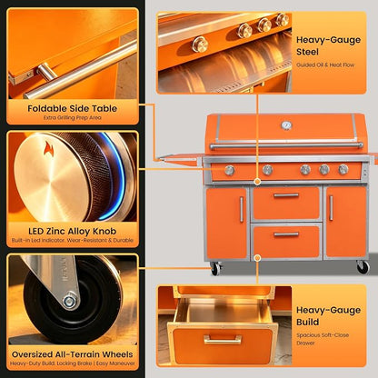 49" Stainless Steel Propane Gas Grill, 4 Burners & Infrared Burner, Orange | 304 Stainless Steel Grill 99,000 BTU Garden & Outdoor Cooking Professional-grade performance Easy ignition Warming rack