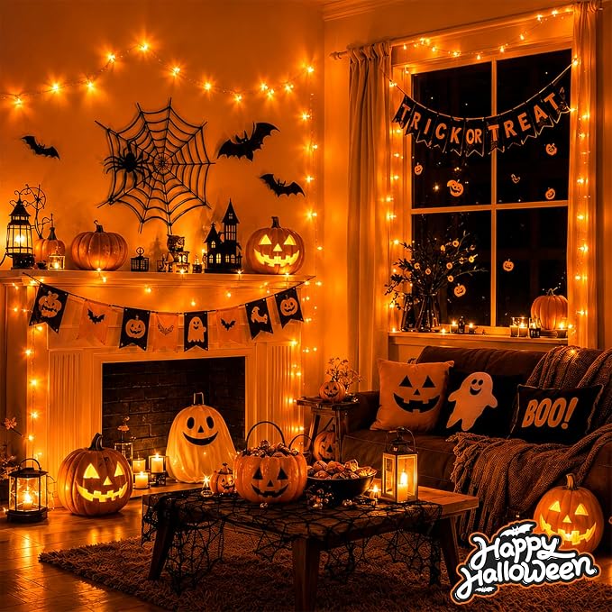 YEGUO 66ft 200 LED Orange Halloween String Lights, Clear Wire Christmas String Lights Indoor, 8 Modes Twinkle Tree Lights Plug in with Timer Memory.