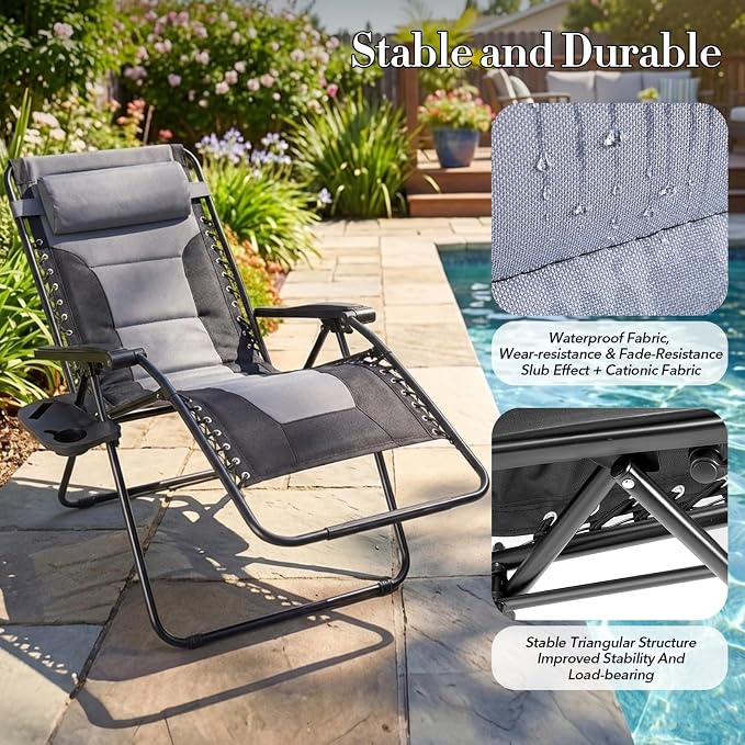 NEWBULIG Padded Zero Gravity Chair, Folding Lounge Chair Outdoor, Black | Foldable Beach Camping Recliner Chair with Adjustable Pillow and Trays for Poolside Lawn Patio