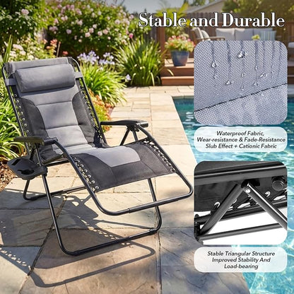 NEWBULIG Padded Zero Gravity Chair, Folding Lounge Chair Outdoor, Black | Foldable Beach Camping Recliner Chair with Adjustable Pillow and Trays for Poolside Lawn Patio
