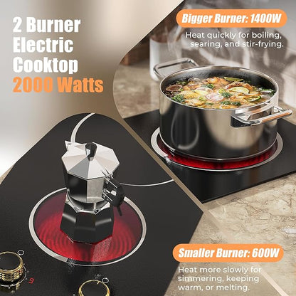 2 Burner Electric Cooktop 110V 2000W Countertop or Built-in | 12 Inch Plug in Two Burner Electric Stove 120V Portable, Knob Control, 9 Power Levels and Overheat Protection, Golden Knob