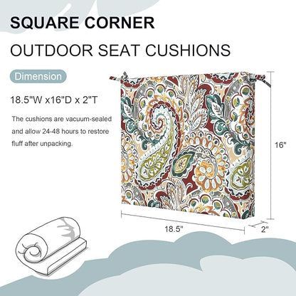 DYTXIII Set of 2 Outdoor Chair Cushions, Water Resistant 18.5"x16"x2" Square Seat Cushion for Patio Dining Chairs, High-Density Replacement Pads for Indoor Outdoor Furniture - Paisley Chilli