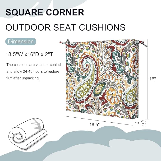 DYTXIII Set of 4 Outdoor Chair Cushions, Water Resistant 18.5"x16"x2" Square Seat Cushion for Patio Dining Chairs, High-Density Replacement Pads for Indoor Outdoor Furniture - Paisley Chilli