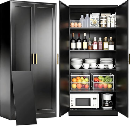 CJF Black Kitchen Pantry Cabinet,71" Tall Metal Storage Cabinet with 4 Adjustable Shelves and Doors, Freestanding Pantry Cabinet for Kitchen, Living Room, Dining Room, Bathroom, Easy to Assemble