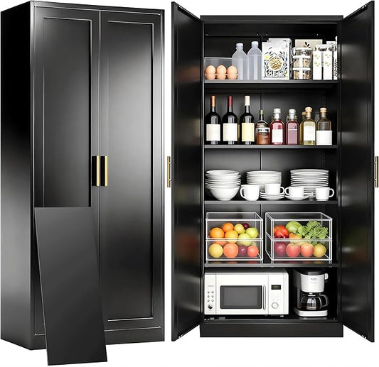 CJF Black Kitchen Pantry Cabinet,71" Tall Metal Storage Cabinet with 4 Adjustable Shelves and Doors, Freestanding Pantry Cabinet for Kitchen, Living Room, Dining Room, Bathroom, Easy to Assemble