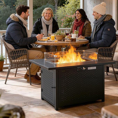 FDW 43 Inch Outdoor Propane Fire Pit Table with Glass Wind Guard, Rectangular Patio Fire Table, 50,000 BTU Smokeless Gas Firepit for Backyard, Garden & Poolside