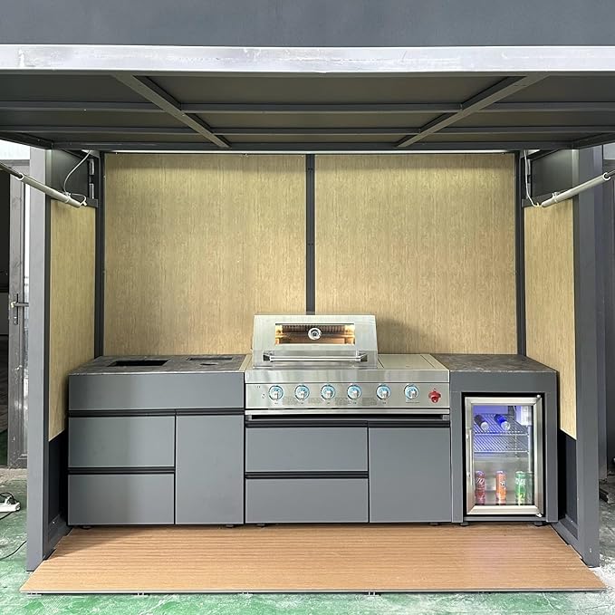 Outdoor Kitchen Island, Modular Outdoor BBQ Kitchen with Built-in Grill, Oven, Mini Fridge and Hand Washing Station, Automatic Lift Door Design with Ambient Lighting for Patio Backyard Outdoor Living