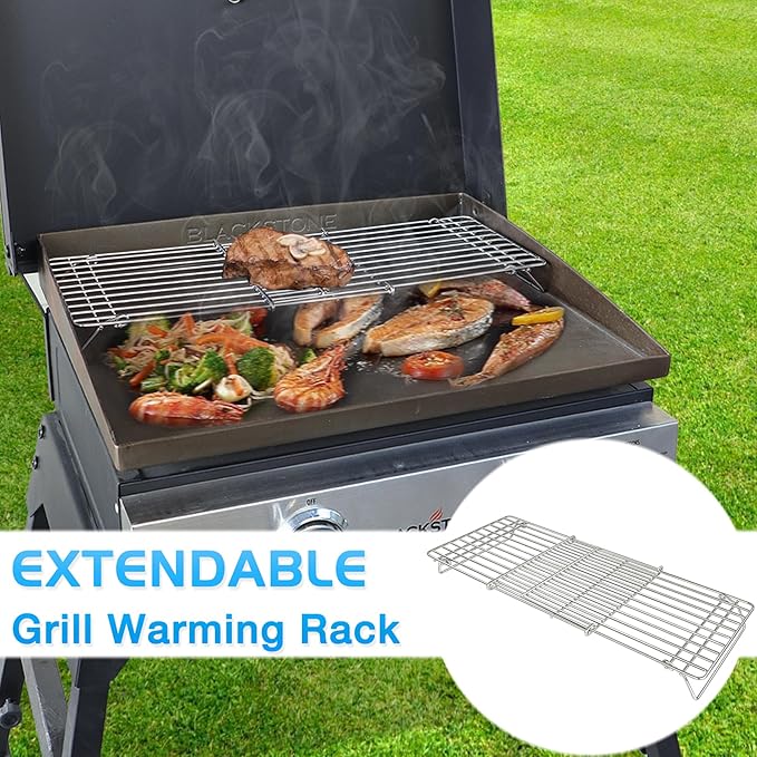 CANDANA Grill Rack for Blackstone Warming Grid Adjustable 17 22 28 36 Inch Griddle Taco Racks Upper Shelf for Weber Pit Boss Nexgrill Charbroil Tabletop Flat Top BBQ Cooking Parts Stainless Steel