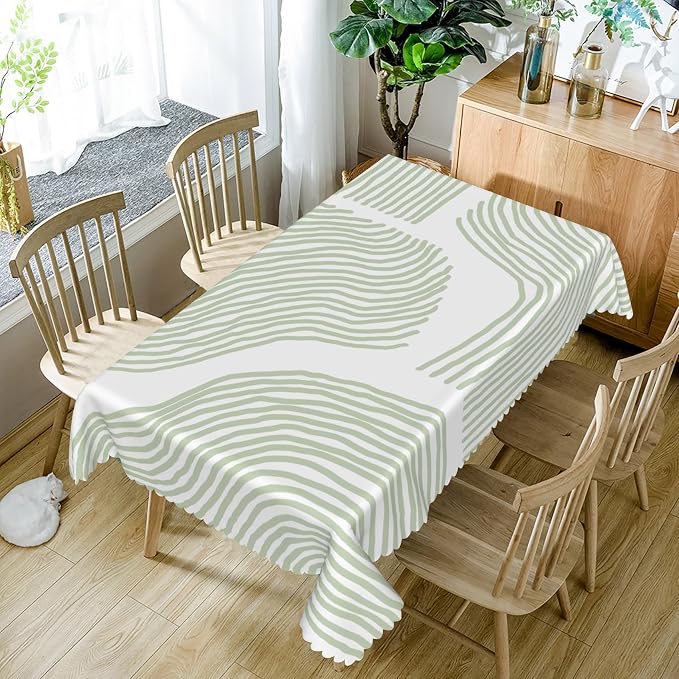 Sage Green Stripes Table Cloth for Rectangle Chic Striped Tablecloths Polyester Vintage for Picnic Party Dinner Aesthetic Wrinkle Oil-Proof Resistant Table Cover for Dining Table 60x102 Inch