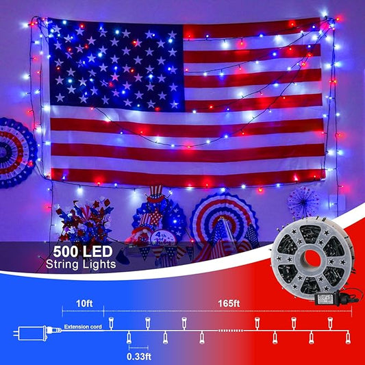 QITONG 500 LED Red White and Blue String Lights, 165ft 4th of July Decorations Lights Plug in Outdoor Indoor, 8 Modes Patriotic Light Green Wire for Independence Memorial Day Décor