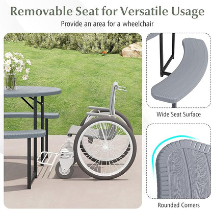 Giantex Picnic Table Bench Set for 4-8 Person, Round 37” Outdoor Dining Table w/Umbrella Hole, HDPE Tabletop, Metal Frame, Patio Furniture Set for Backyard Porch Lawn, 1400lb Capacity (Gray,Round)