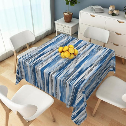 Abstract Striped Square Tablecloth 60x60 Inch Blue and White Old Texture Grunge Stripes Vintage Mosaic Dust-Proof Table Cover Protector for Home Kitchen Restaurant Picnic Camping BBQ