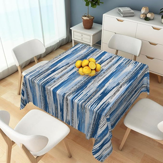 Abstract Striped Square Tablecloth 60x60 Inch Blue and White Old Texture Grunge Stripes Vintage Mosaic Dust-Proof Table Cover Protector for Home Kitchen Restaurant Picnic Camping BBQ