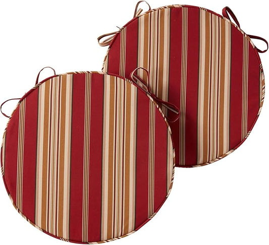 Set of 2 Outdoor 18 inch Round Patio Dining Chair Pads – Comfortable Fiber-Filled Seat Cushions with Ties, Reversible Polyester Fabric - Roma Stripe