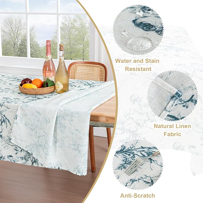 H.VERSAILTEX Linen Table Cloths Floral Printed Tablecloth Spill-Proof Waterproof Table Cover for Dining Buffet Feature Soft and Thick Fabric Wrinkle Free, 60 x 60 Inch, Vintage Botanical - Blue