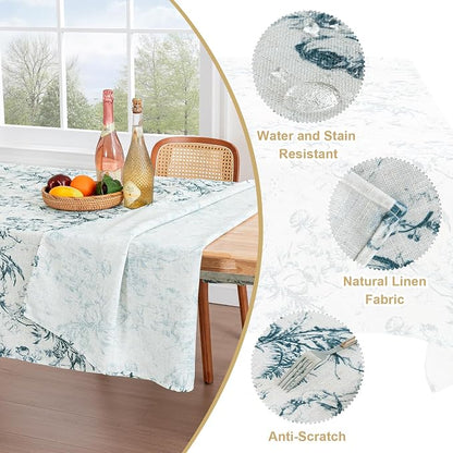 H.VERSAILTEX Linen Table Cloths Floral Printed Tablecloth Spill-Proof Waterproof Table Cover for Dining Buffet Feature Soft and Thick Fabric Wrinkle Free, 60 x 104 Inch, Vintage Botanical - Blue