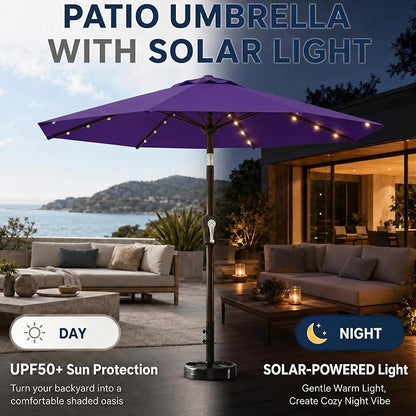 10FT Solar Patio Umbrella with Lights, Outdoor Table Market Umbrella with 32 LED Lights, 8 Sturdy Ribs, Push Button Tilt and Crank for Pool, Deck and Garden, UV-Resistant