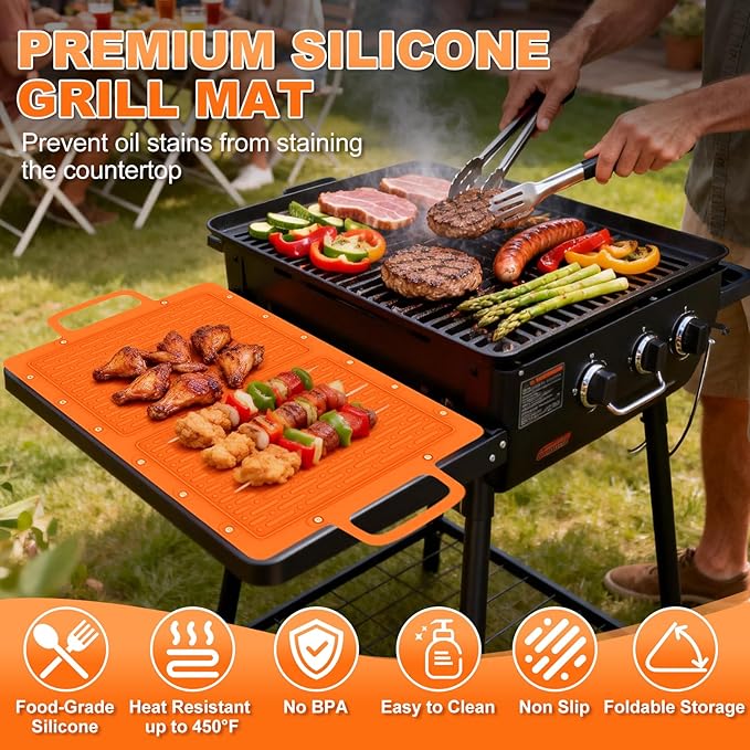 Portable Silicone Grill Mat, Heat Resistant Grill Side Shelf Mats for Food, Foldable Griddle Tools Mat with Drip Pad & Snap Buttons, Non Slip Griddle Accessories Storage Bag for Outdoor Cooking