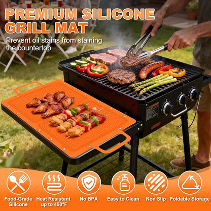 Portable Silicone Grill Mat, Heat Resistant Grill Side Shelf Mats for Food, Foldable Griddle Tools Mat with Drip Pad & Snap Buttons, Non Slip Griddle Accessories Storage Bag for Outdoor Cooking