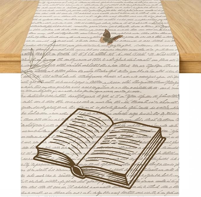 Retro Newspaper Book Theme Table Runner 72 x 13 Inches | Storybook Reading Decor, Linen Fabric, Washable Reusable Table Cover, Indoor Outdoor, Kitchen, Dining Table Decor