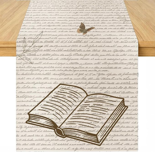 Retro Newspaper Book Theme Table Runner 72 x 13 Inches | Storybook Reading Decor, Linen Fabric, Washable Reusable Table Cover, Indoor Outdoor, Kitchen, Dining Table Decor