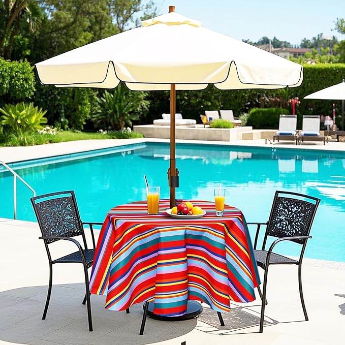 Poise3EHome 60 inches Outdoor/Indoor Waterproof Spillproof Round Tablecloth with Umbrella Hole Zipper for Camping Picnic Party Patio Table Spring, Color Stripe