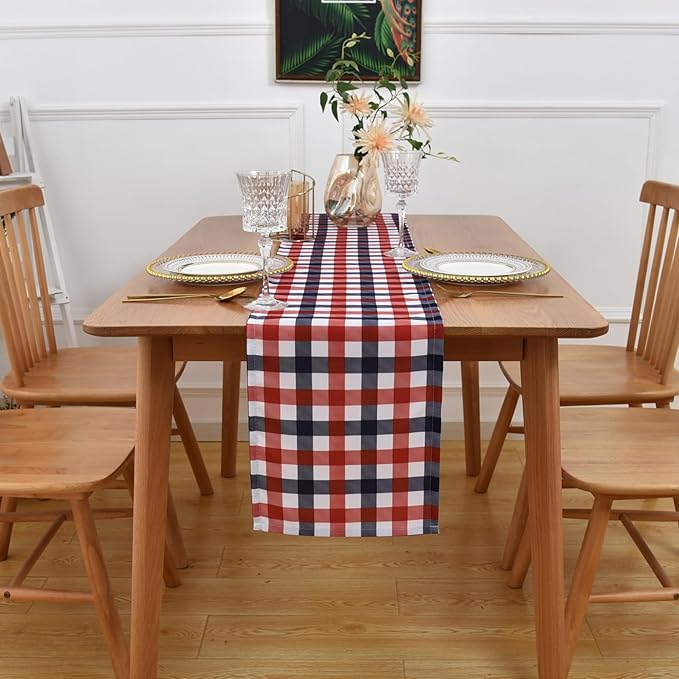 Waterproof Checkered Tablecloth Runner Fabric - Rectangle 12x108 Inch Classic Gingham Buffalo Plaid Table Cover for Indoor/Outdoor Use - for Kitchen, BBQs, and Parties