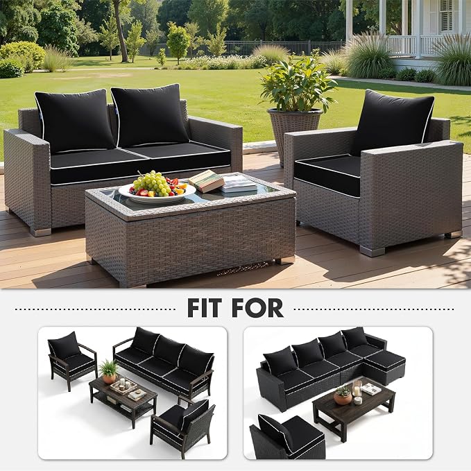 MIULEE Black Outdoor Seat Cushion 24x24 Inch Waterproof Cushion | Deep Seat and Back Cushion for Patio Furniture Chair Sofa Couch, Fade Resistant, Handle and Adjustable Straps